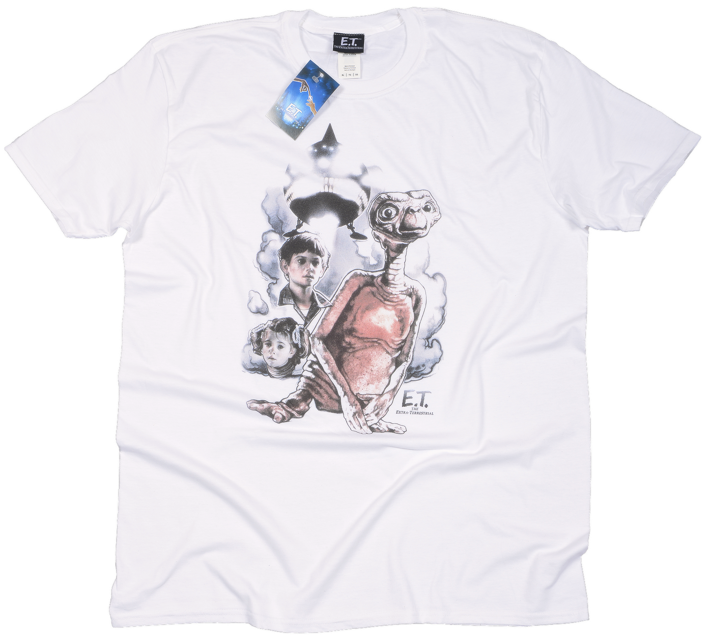 White official E.T. t-shirt with E.T. the Extra-Terrestrial graphic design on a white background