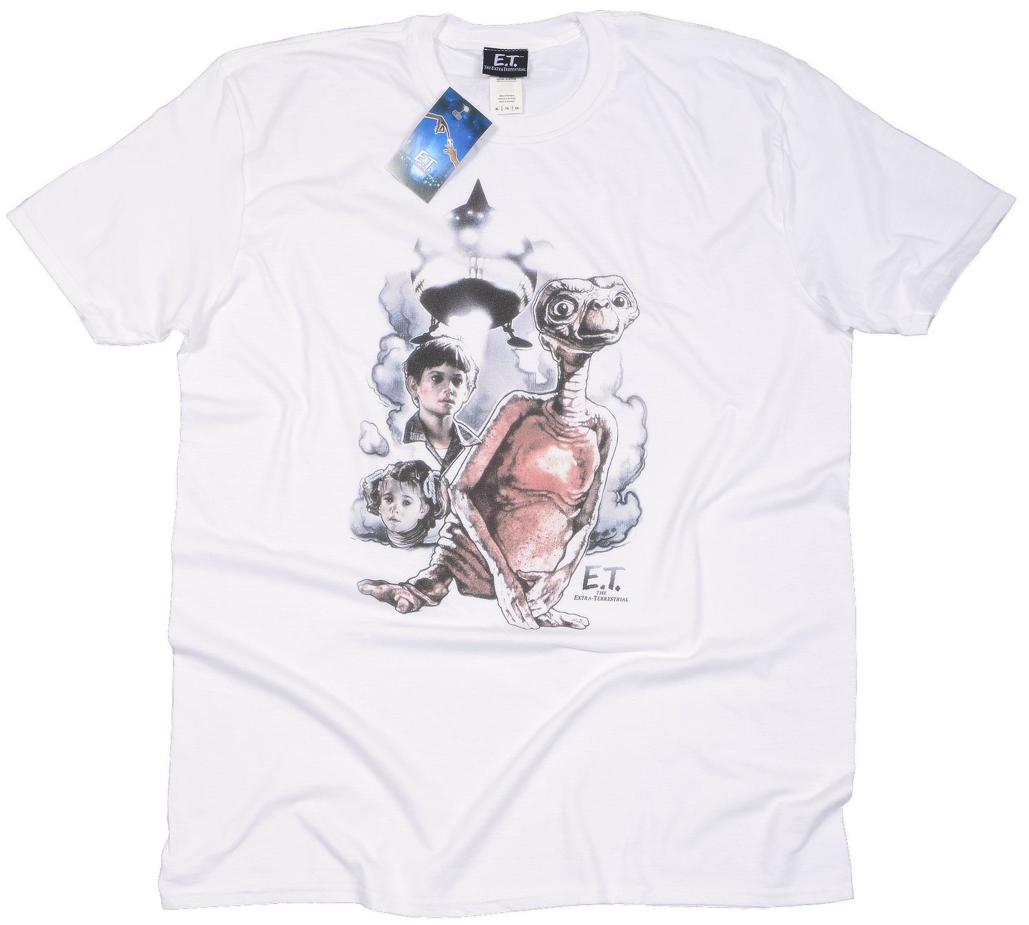 White official E.T. t-shirt with E.T. the Extra-Terrestrial graphic design on a white background