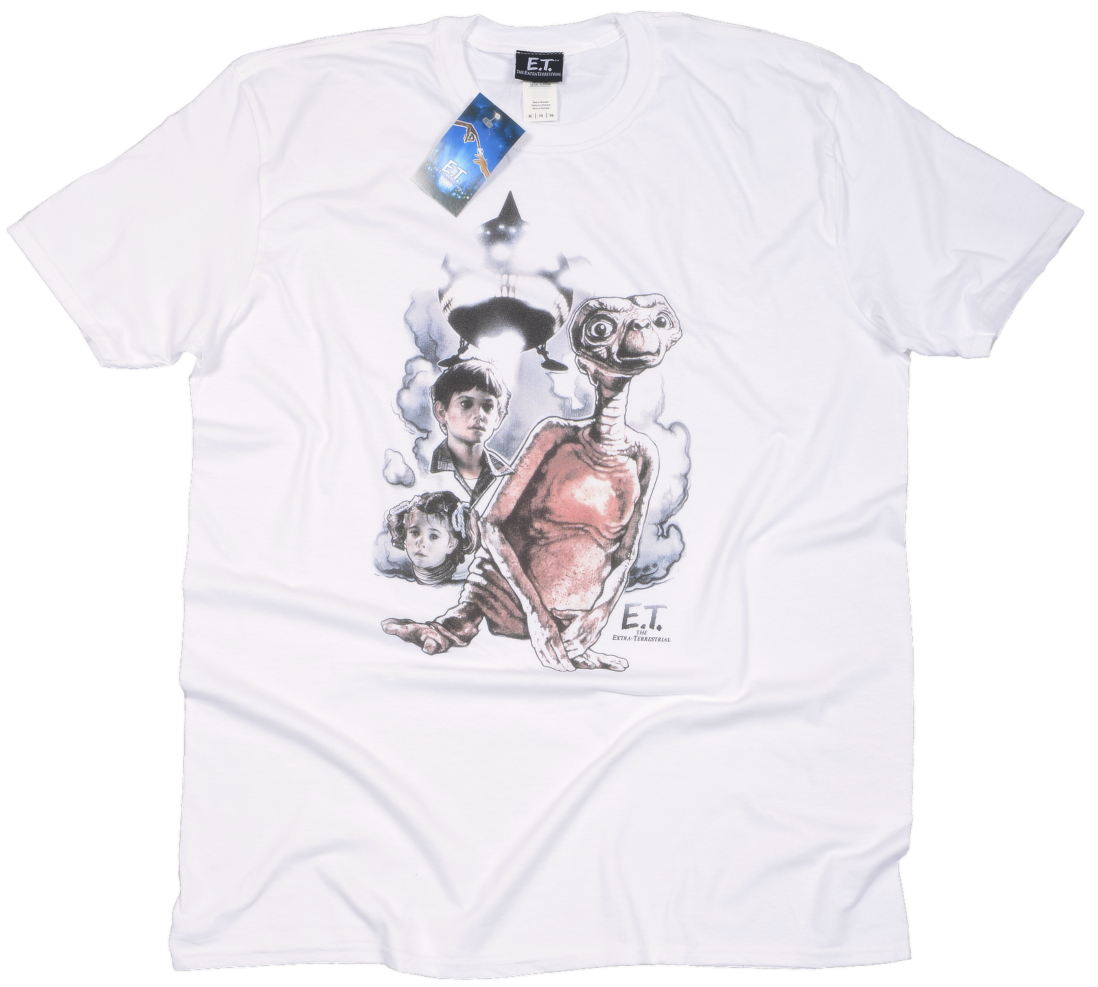 White official E.T. t-shirt with E.T. the Extra-Terrestrial graphic design on a white background