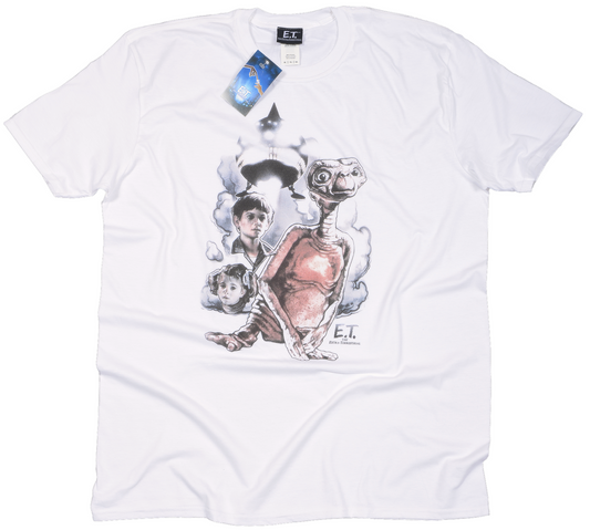 White official E.T. t-shirt with E.T. the Extra-Terrestrial graphic design on a white background