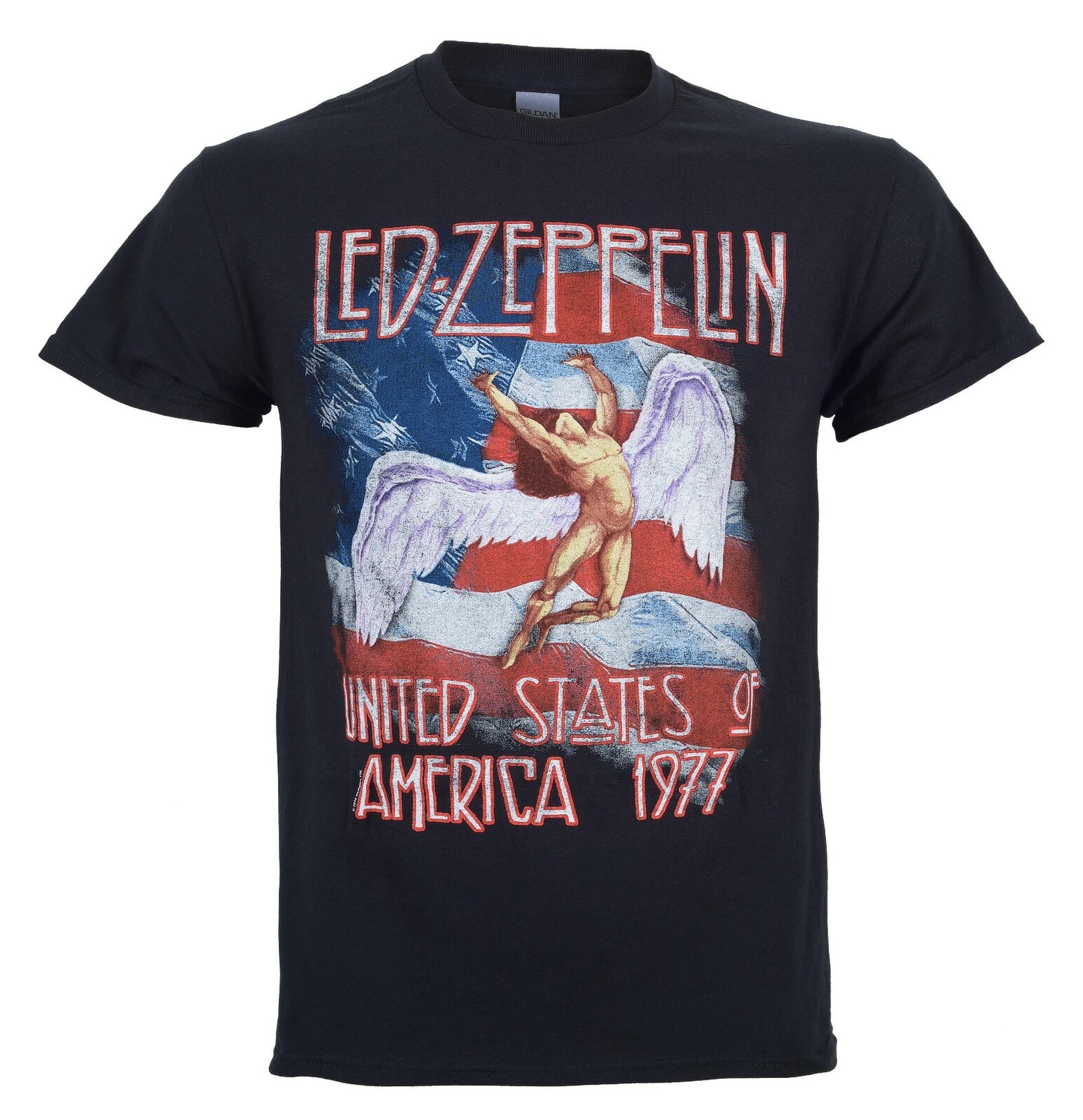 An Officially  licensed black Led Zeppelin T Shirt featuring a full colour Icarus print in front of the usa flag with the led zeppelin logo and usa 1977 on the front
