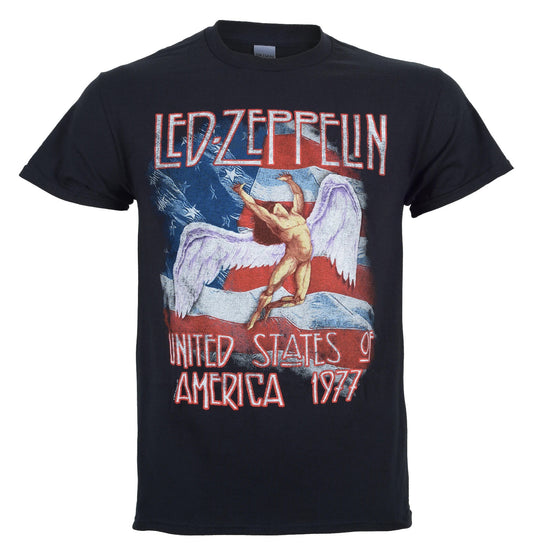 An Officially  licensed black Led Zeppelin T Shirt featuring a full colour Icarus print in front of the usa flag with the led zeppelin logo and usa 1977 on the front