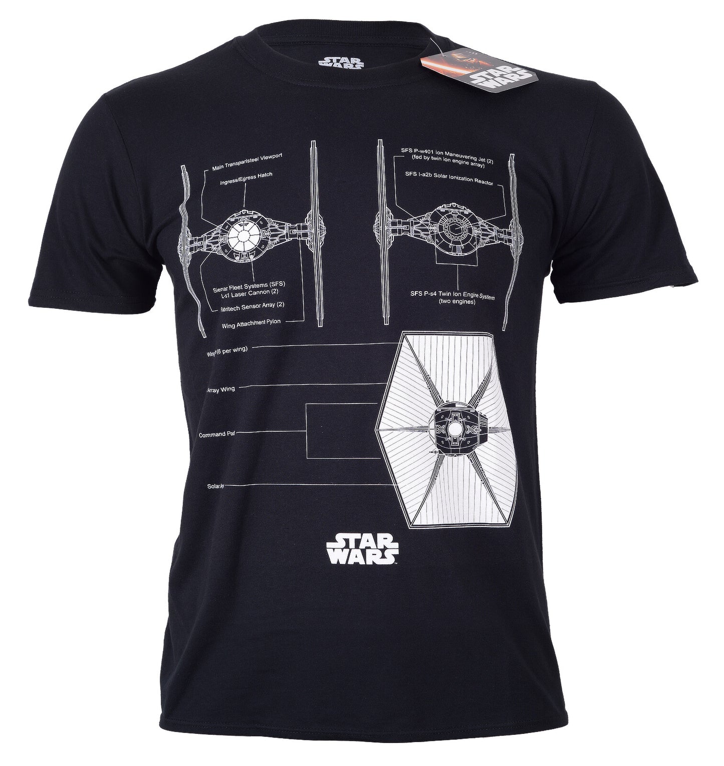 Black t-shirt with white Star Wars tie fighter design on a white background
