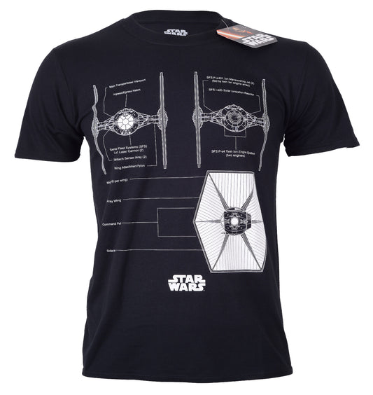 Black t-shirt with white Star Wars tie fighter design on a white background
