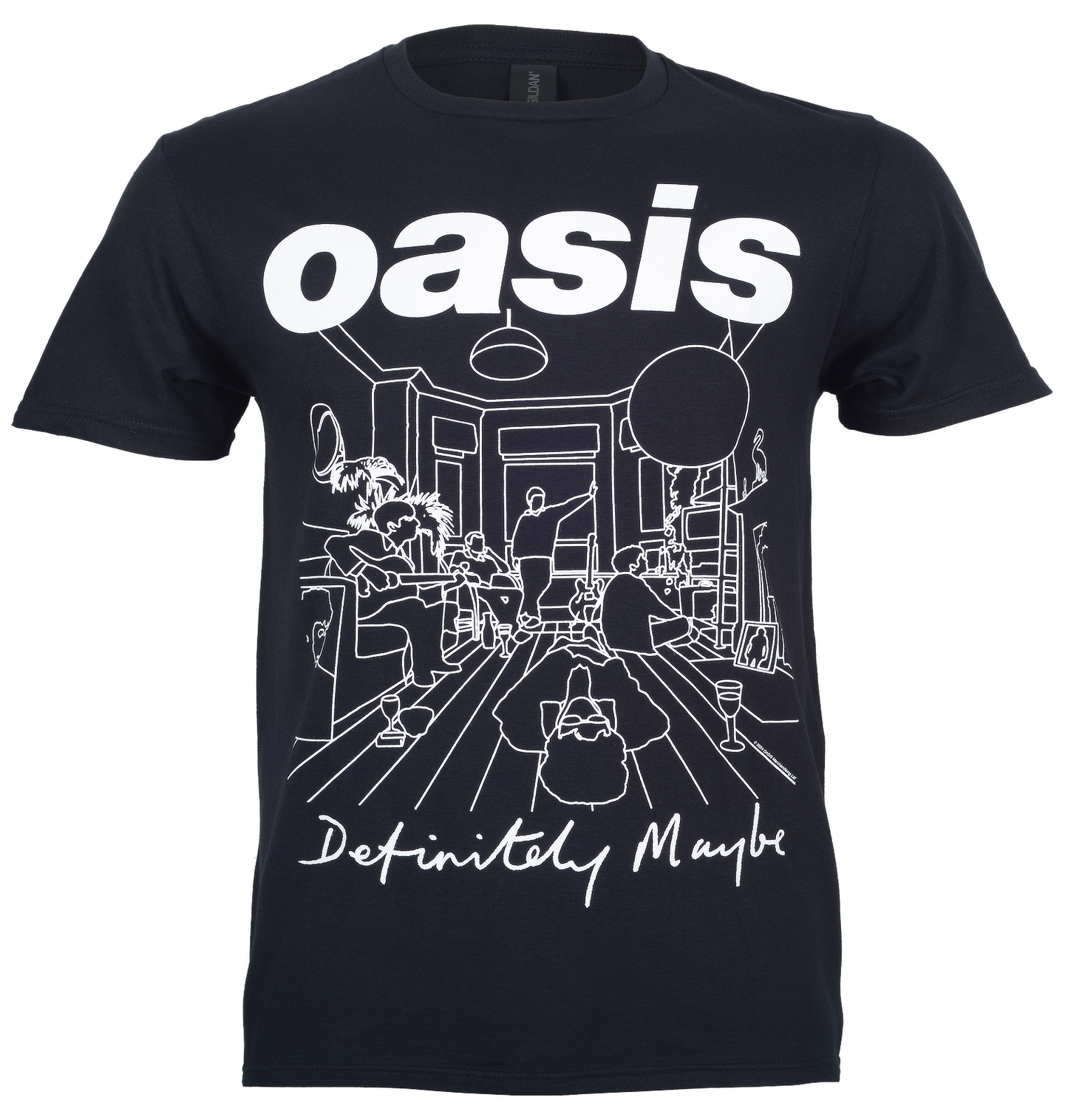 a black official Oasis t shirt with definitely maybe drawing graphic on the front 