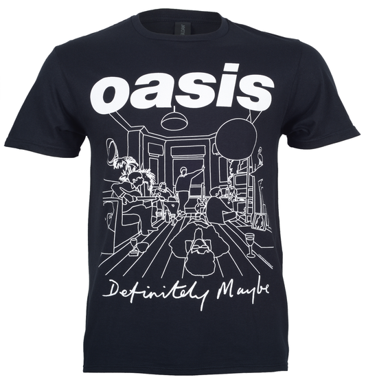 a black official Oasis t shirt with definitely maybe drawing graphic on the front 