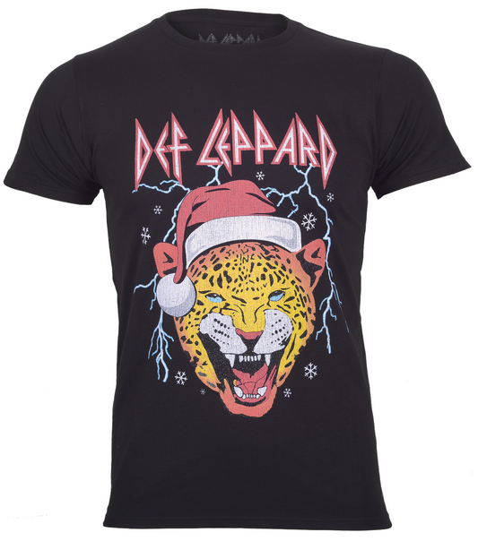Def Leppard official black t shirt with band logo and a leopard face with a santa hat lightning bolts and  snow flakes on the front