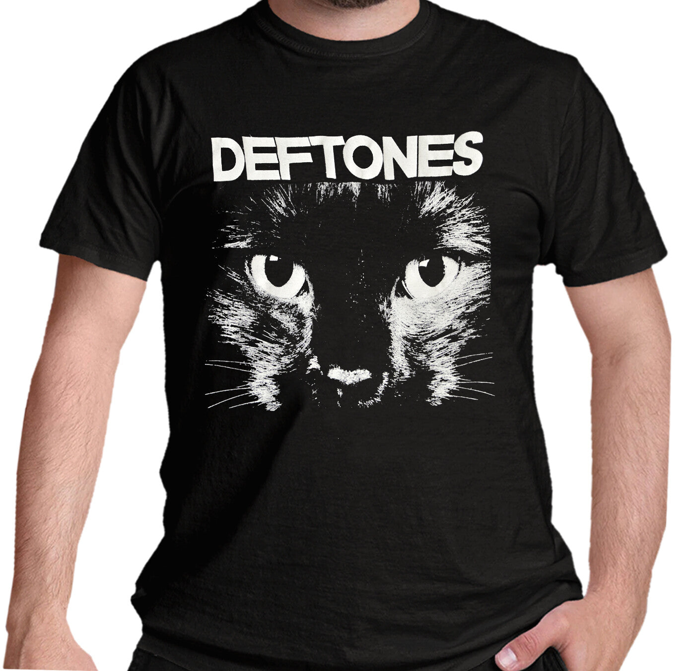 Black official Deftones Sphynx t-shirt with a cat graphic and 'Deftones' text on a white background