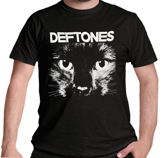 Black official Deftones Sphynx t-shirt with a cat graphic and 'Deftones' text on a white background