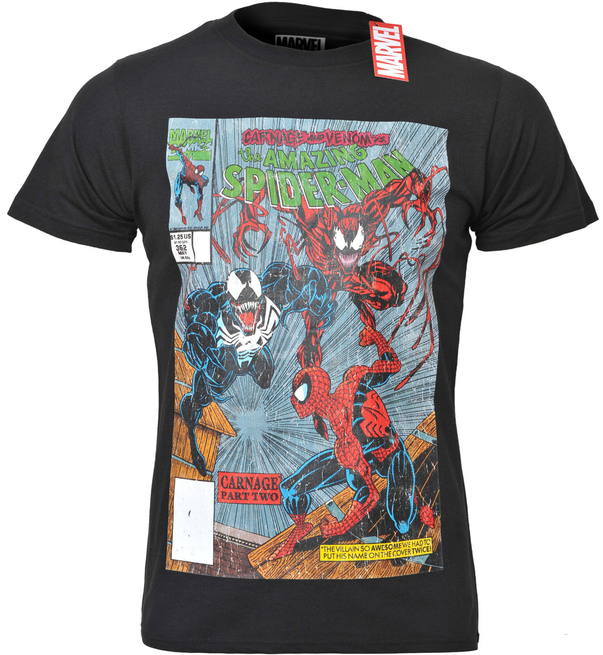 Official Marvel t shirt black with a comic book graphic print featuring spiderman carnage and venom