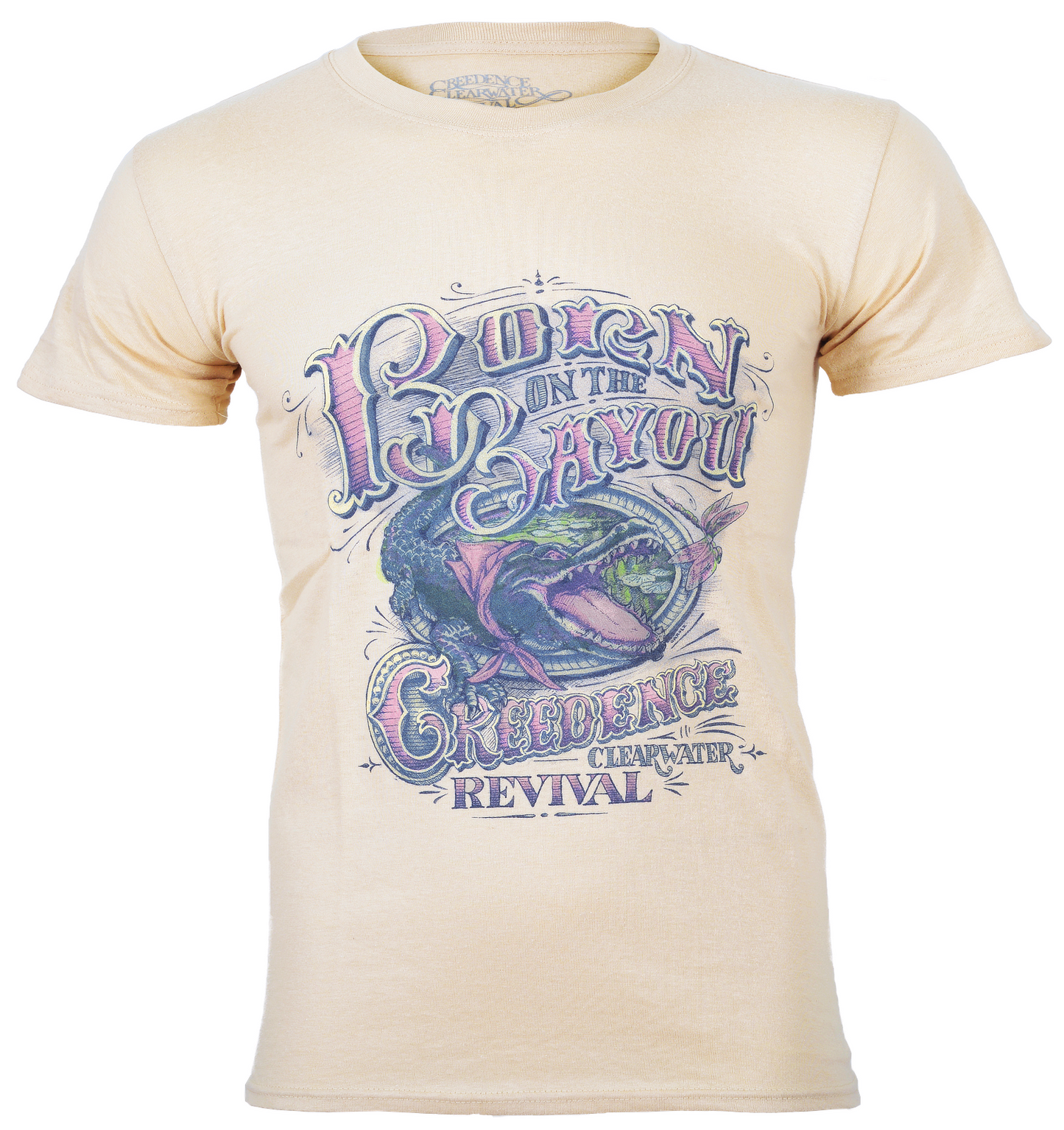 Official Creedence Clearwater Revival Beige t-shirt with colorful CCR born on the Bayou graphic design and text on a white background