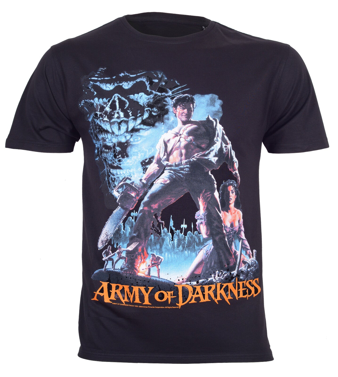 a black t shirt with an officially licensed front print of the Army Of Darkness Smoking Chainsaw Movie Poster graphic on the front