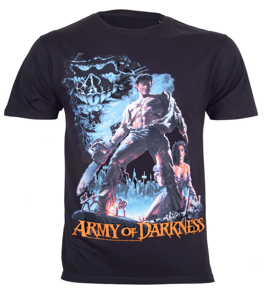 a black t shirt with an officially licensed front print of the Army Of Darkness Smoking Chainsaw Movie Poster graphic on the front