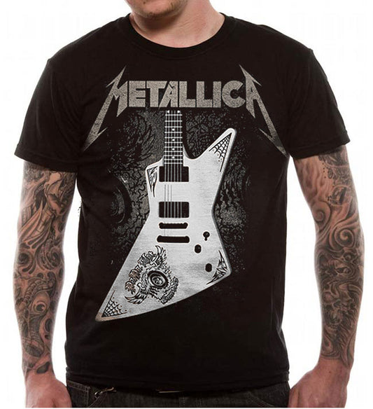 black official Metallica t shirt with Metallica text and James Hetfield explorer guitar graphic on the front 