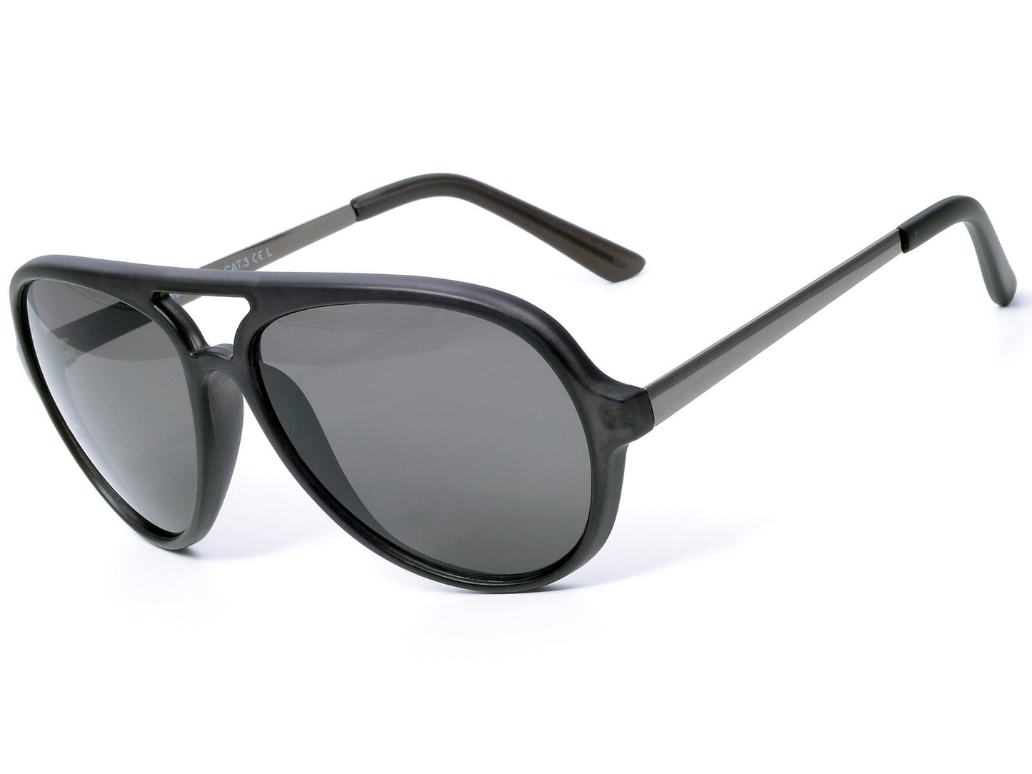 black matt metal and plastic pair of sunglasses in an aviator style shape made by sunoptic