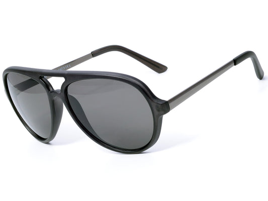 black matt metal and plastic pair of sunglasses in an aviator style shape made by sunoptic