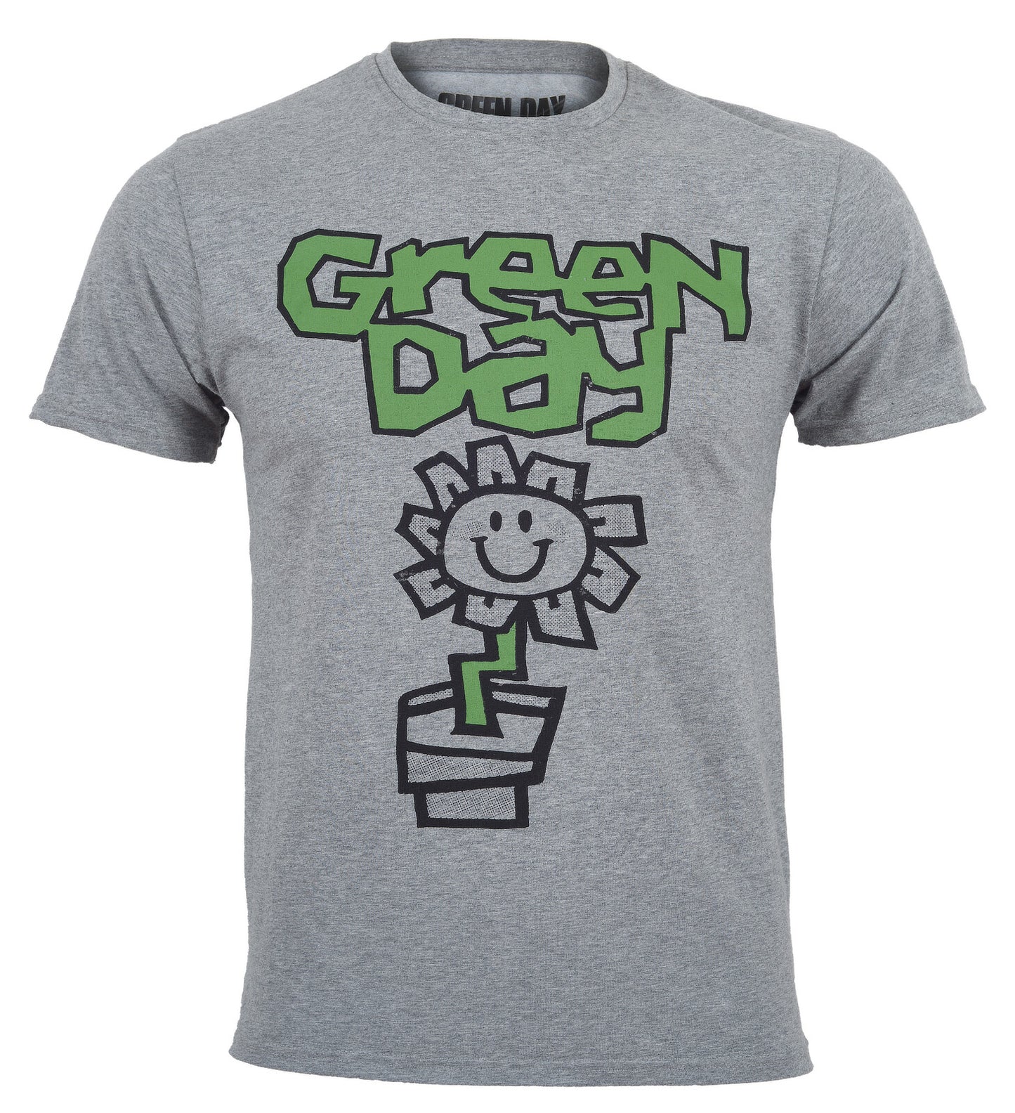Gray t-shirt with officially licensed 'Green Day' logo and flower graphic on a white background