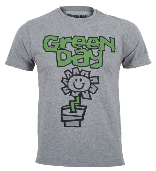Gray t-shirt with officially licensed 'Green Day' logo and flower graphic on a white background