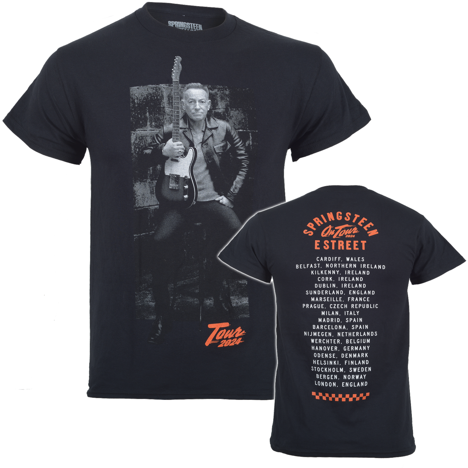 A black official 2024 ex tour Bruce Springsteen t shirt featuring the Boss posing with his Fender Telecaster and on the back the tour locations