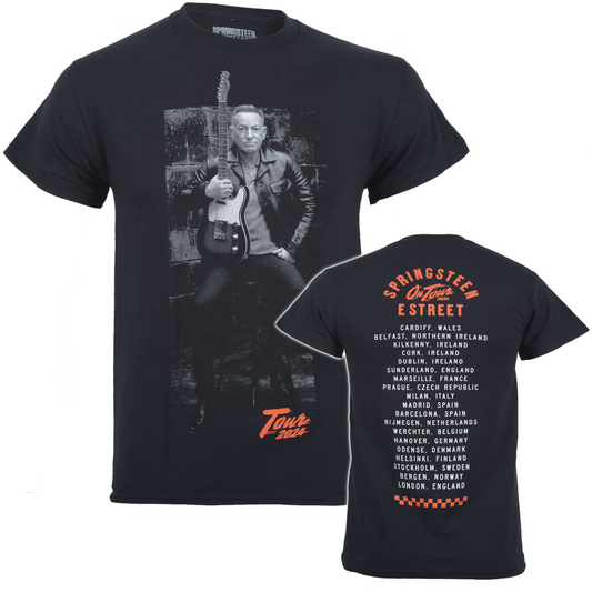 A black official 2024 ex tour Bruce Springsteen t shirt featuring the Boss posing with his Fender Telecaster and on the back the tour locations
