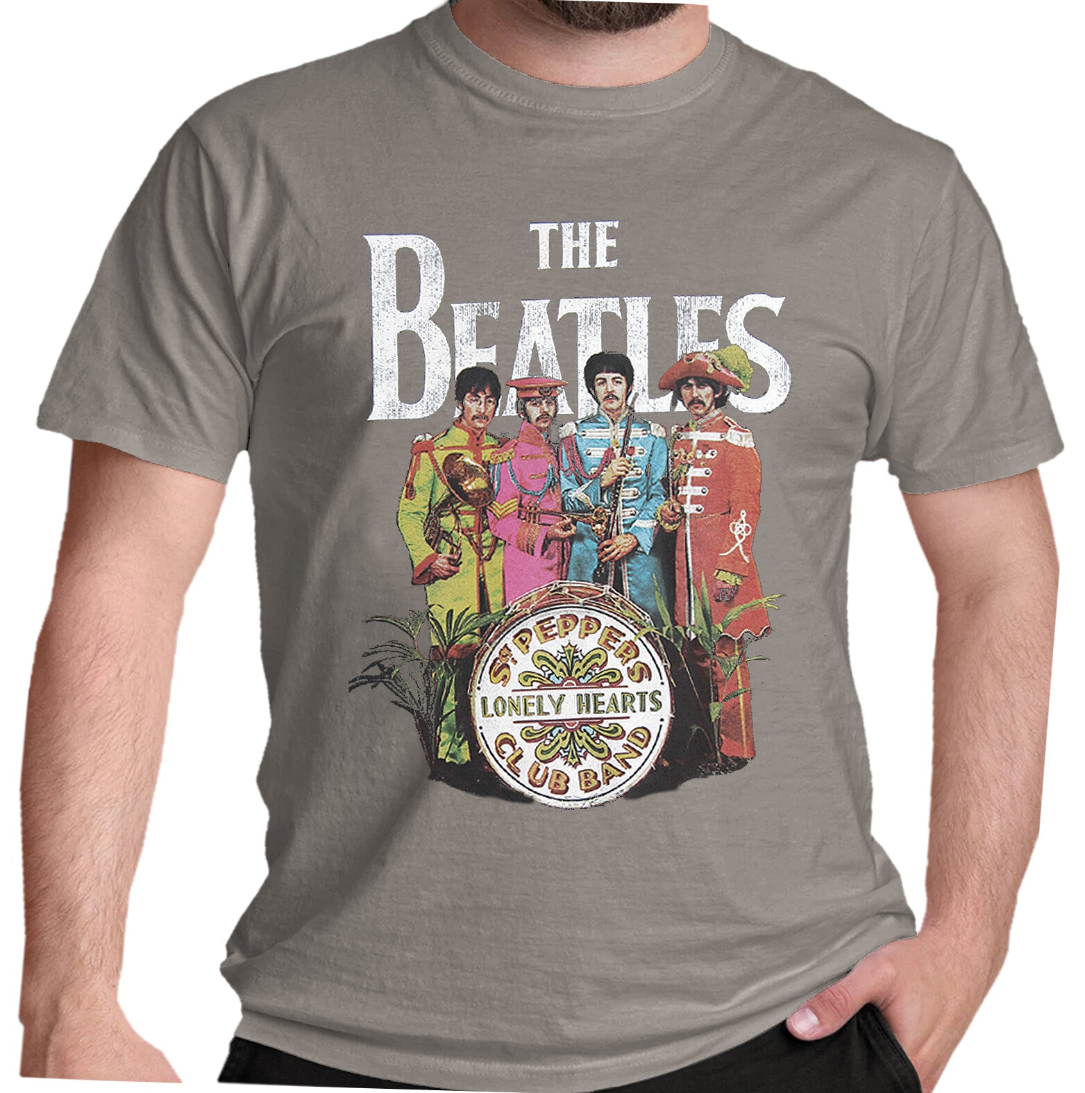 Gray official Beatles t-shirt with The Beatles Sgt Pepper graphic design on the front