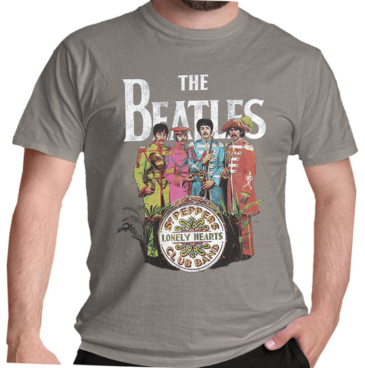 Gray official Beatles t-shirt with The Beatles Sgt Pepper graphic design on the front