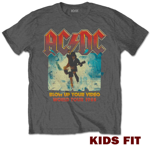 Gray kids t-shirt with official AC/DC graphic design featuring a angus playing guitar.