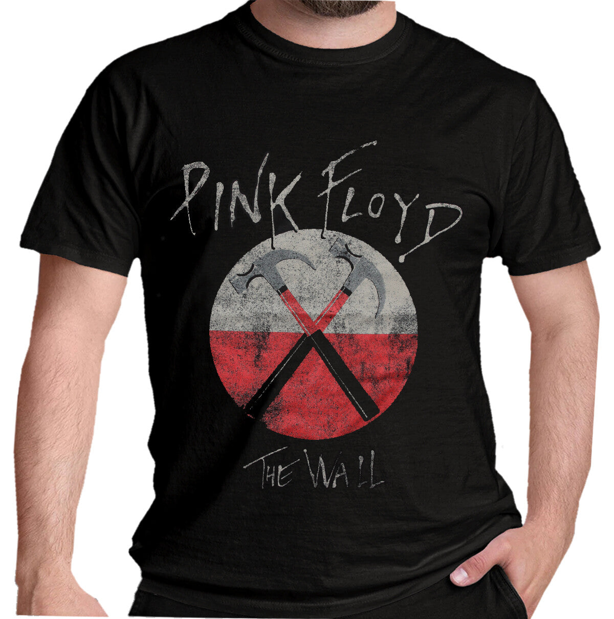 Black cotton t shirt with officially licensed Pink Floyd The Wall Hammers Logo Album artwork on the front