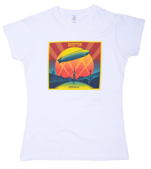 A white Ladies fit Led Zeppelin official Celebration Day T shirt