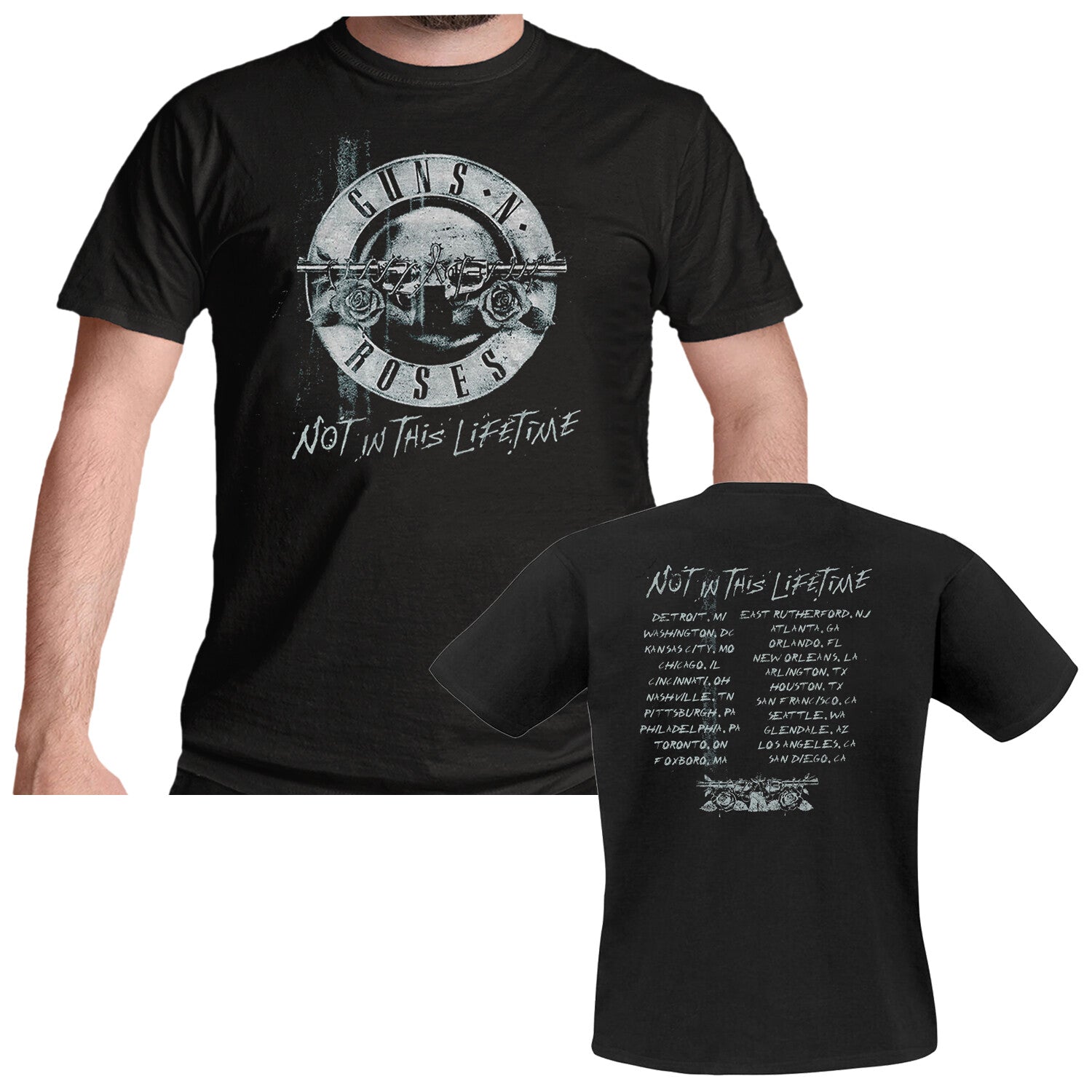 black official guns n roses t shirt with front not in this lifetime classic logo print and tour locations on the back