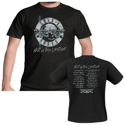 black official guns n roses t shirt with front not in this lifetime classic logo print and tour locations on the back