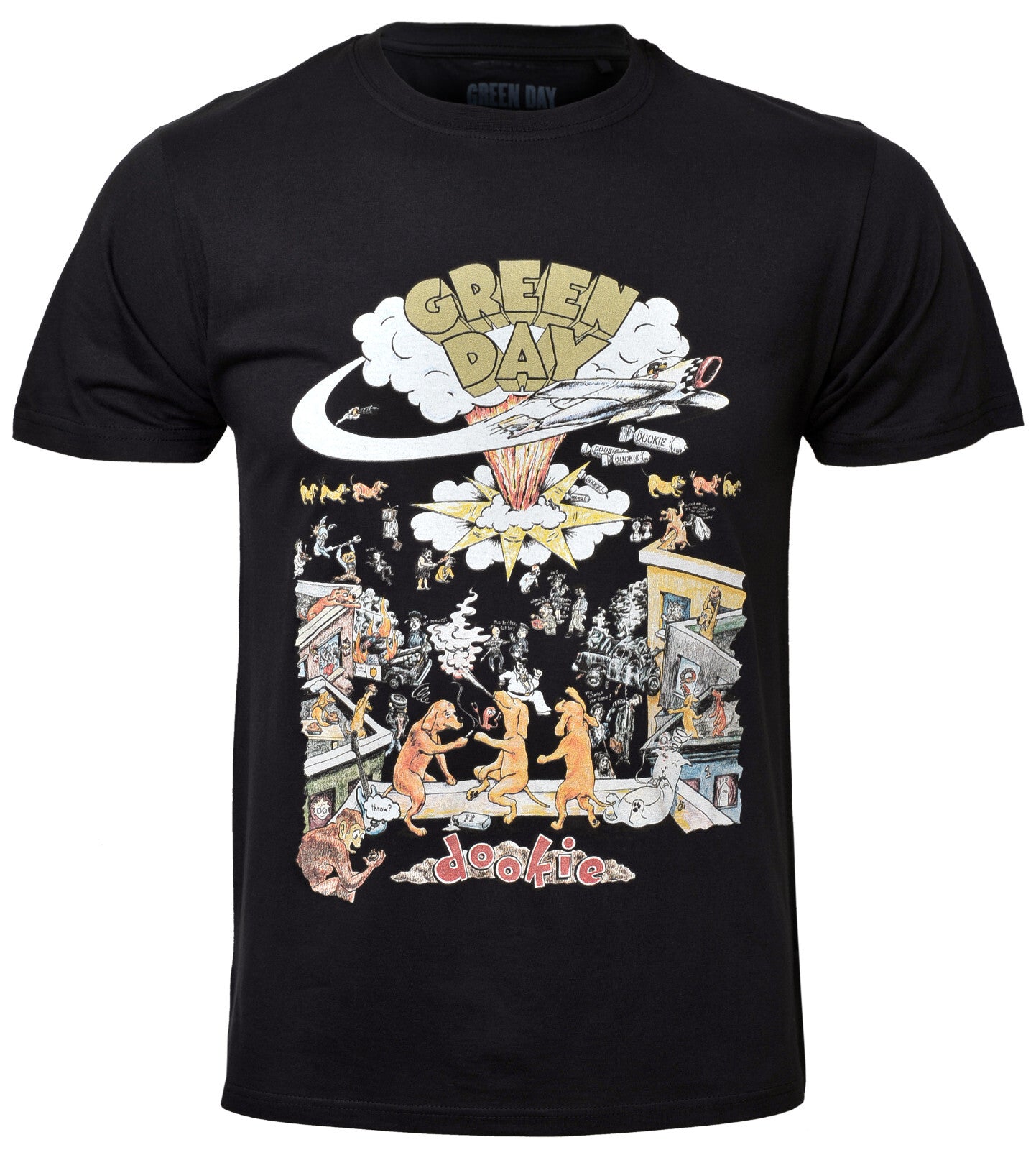 a black green day t shirt with graphic design of dookie 1994 tour artwork on the front