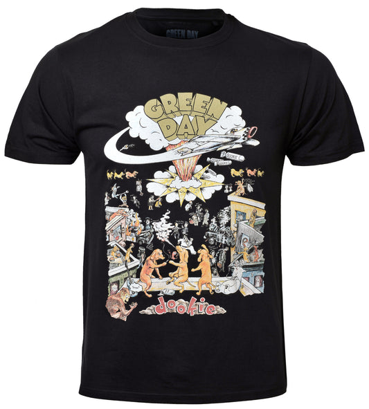 a black green day t shirt with graphic design of dookie 1994 tour artwork on the front