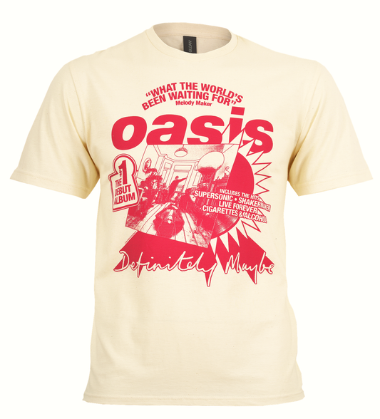 official Beige Natural colour Oasis t shirt with what the world's been waiting for melody maker quote graphic on the front
