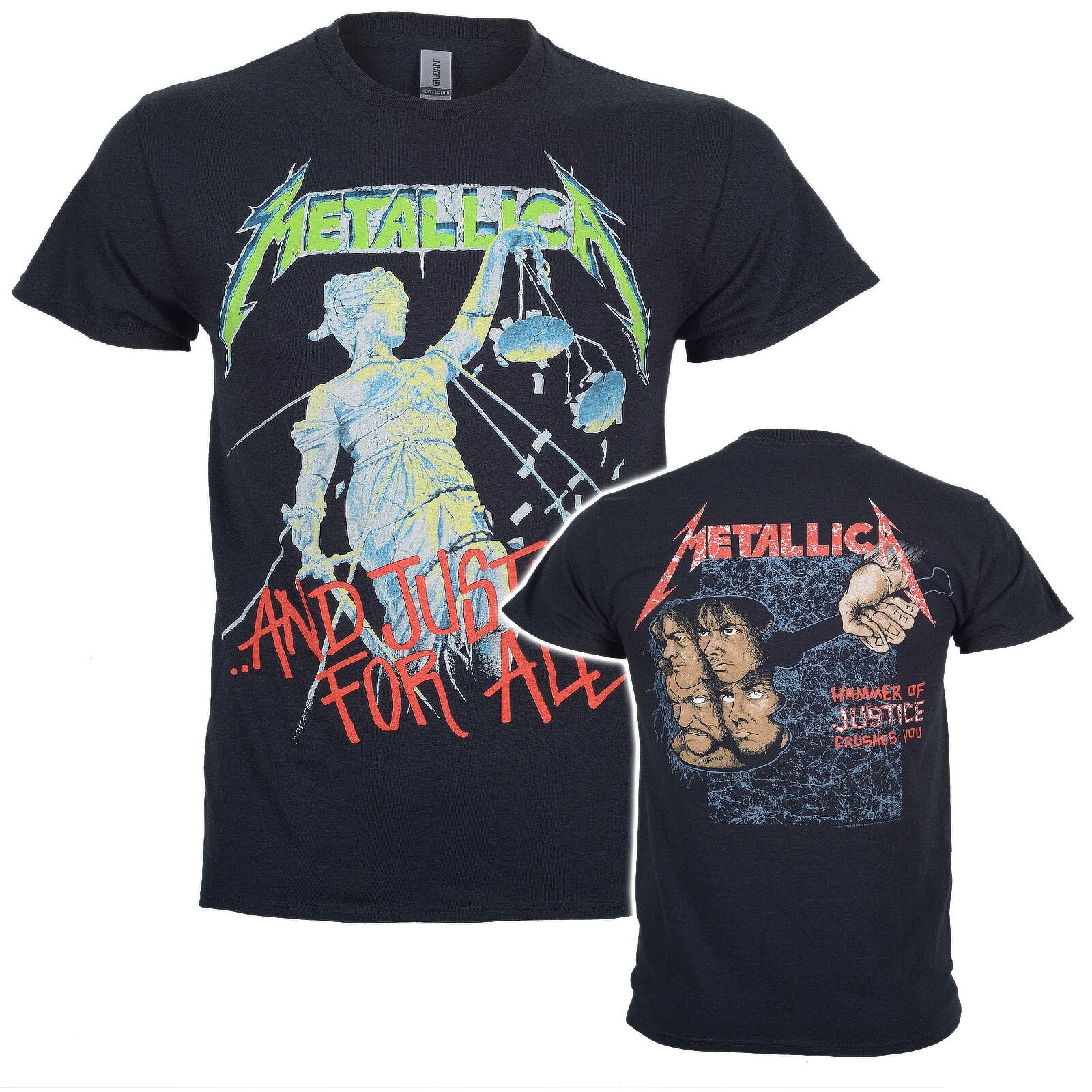 Official Metallica And Justice For All Album cover Black t-shirt. Metallica Logo design featuring a statue on front. Hammer of Justice design on back 