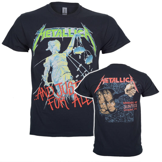 Official Metallica And Justice For All Album cover Black t-shirt. Metallica Logo design featuring a statue on front. Hammer of Justice design on back 