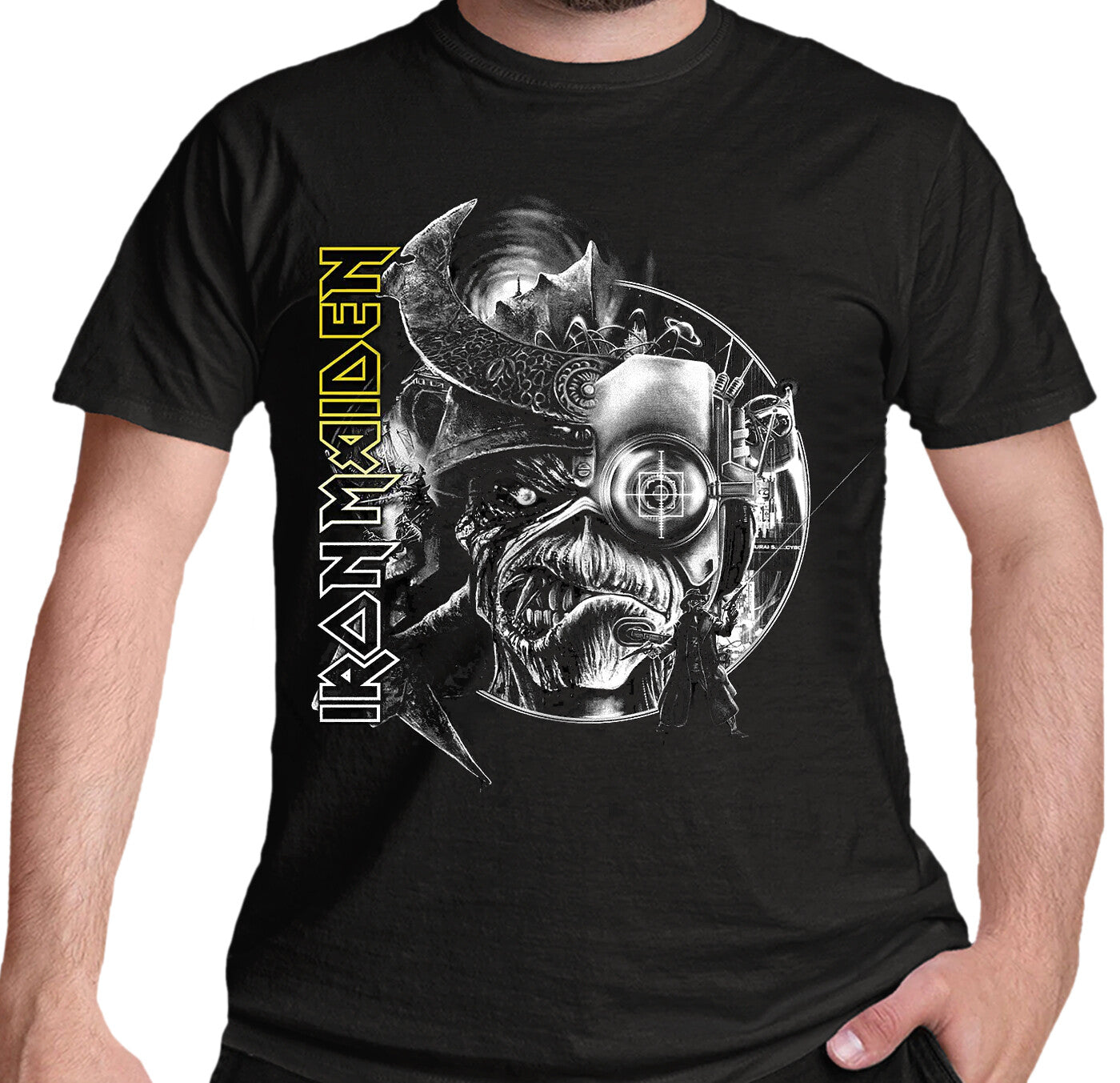 official Iron Maiden T Shirt with a Future Past Tour grey tone graphic on the front