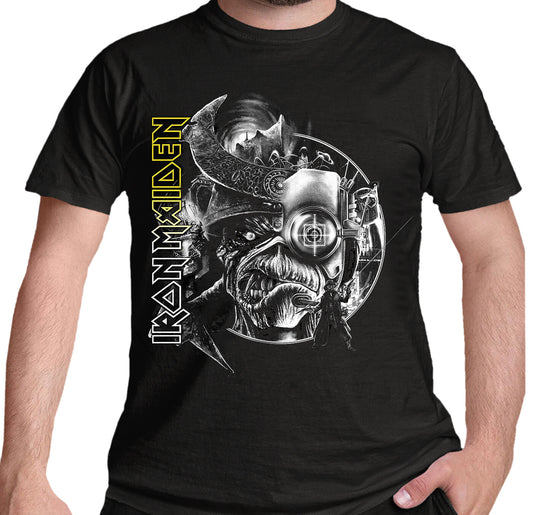 official Iron Maiden T Shirt with a Future Past Tour grey tone graphic on the front