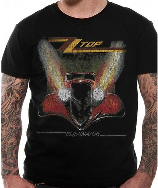 Black t-shirt with officially licensed ZZ Top Eliminator graphic design on a person wearing it.