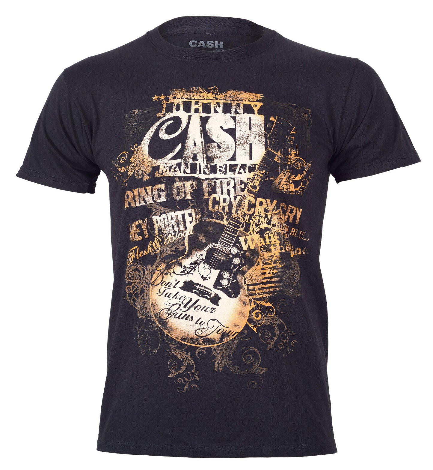 Official Johnny Cash Black t-shirt with Song titles and Guitar graphic design on the front