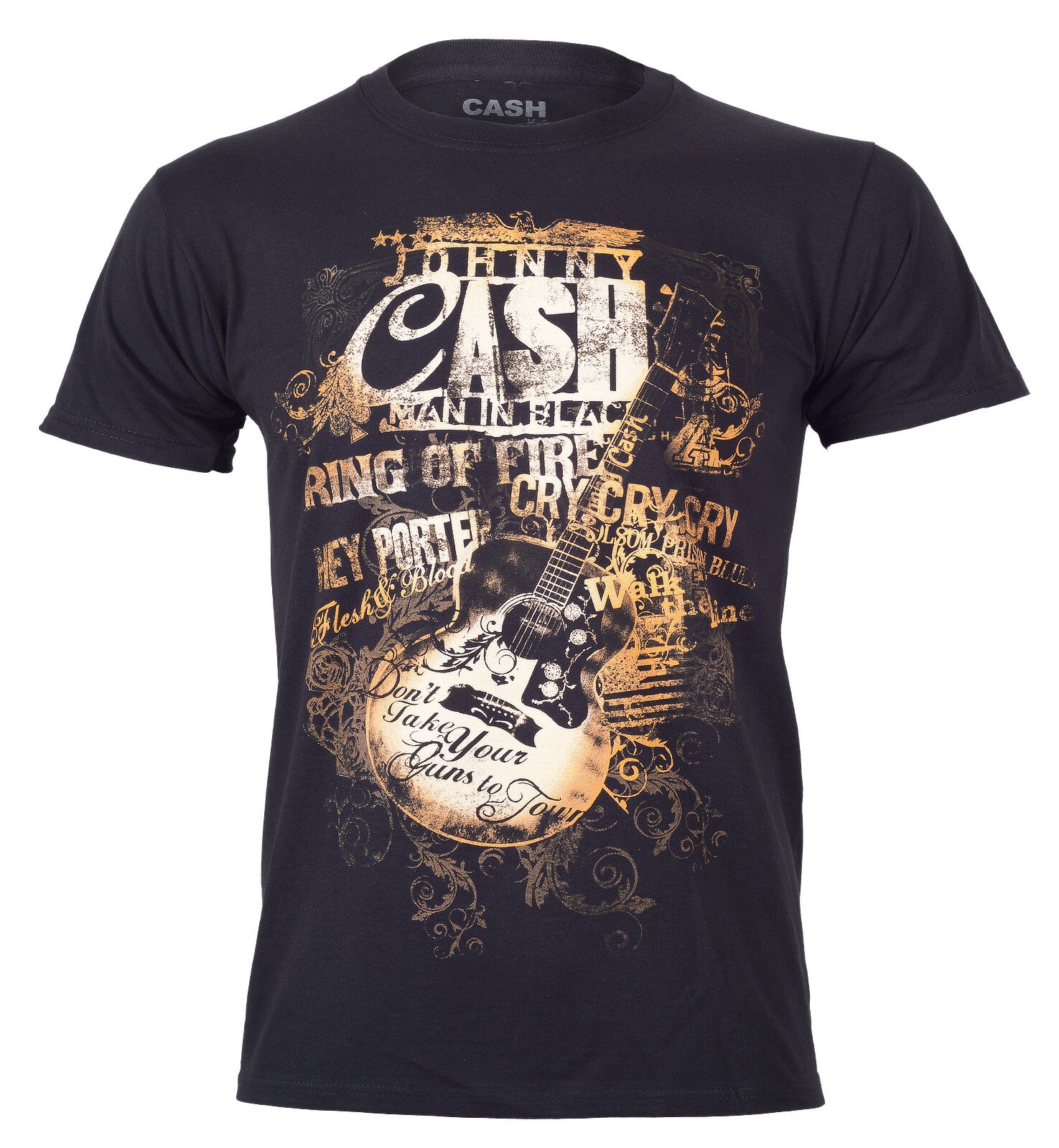 Official Johnny Cash Black t-shirt with Song titles and Guitar graphic design on the front