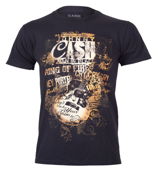 Official Johnny Cash Black t-shirt with Song titles and Guitar graphic design on the front