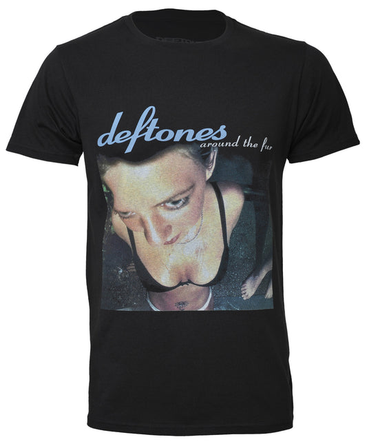 a black official Deftones t shirt with a graphic print of the around the fur album cover artwork