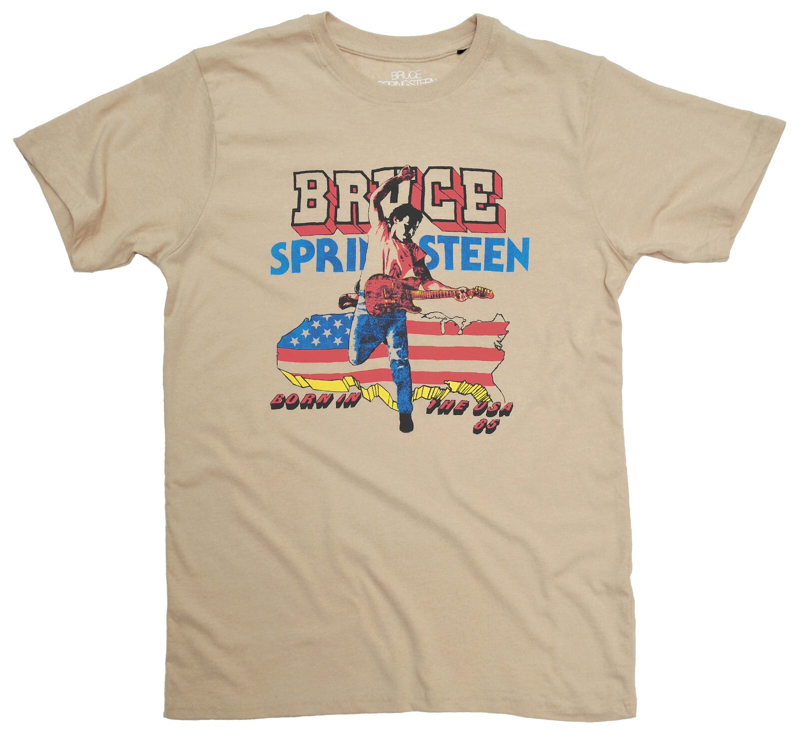 Beige official t-shirt with Bruce Springsteen Born in the USA graphic design on the front