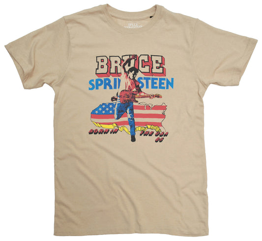 Beige official t-shirt with Bruce Springsteen Born in the USA graphic design on the front
