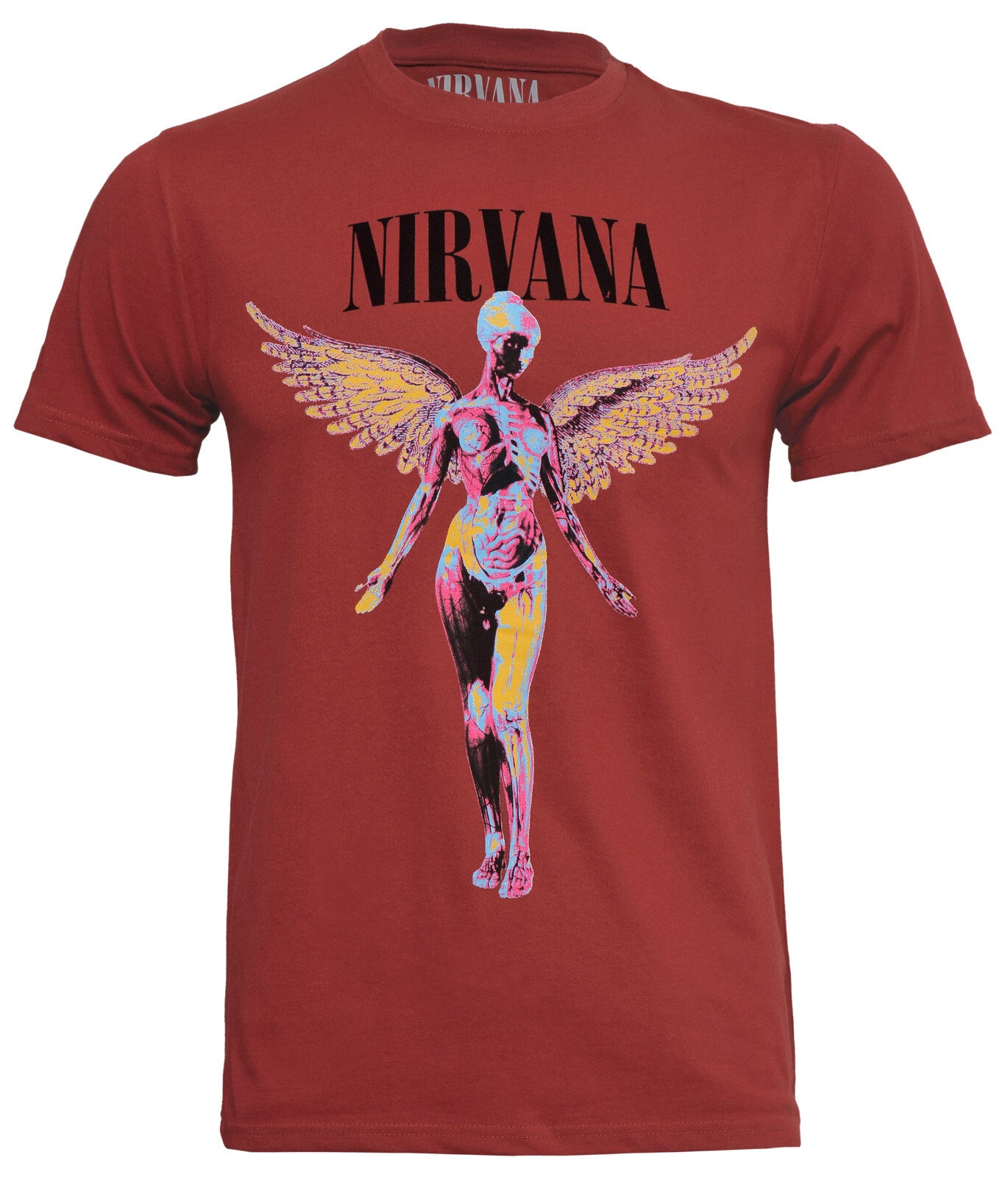 Official red Nirvana Angelic t-shirt with an In Utero Angel design on the front