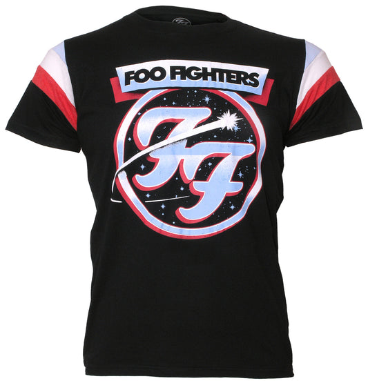 A black offiicial foo fighter t shirt with space them comet logo print on the front and red white and blue detail sleeves