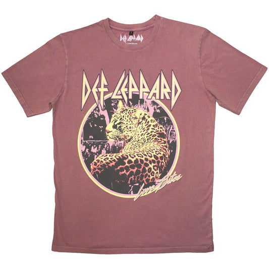 limited edition official Def Leppard Stonewash t shirt in kashmir red featuring a leopard with love bites on the front