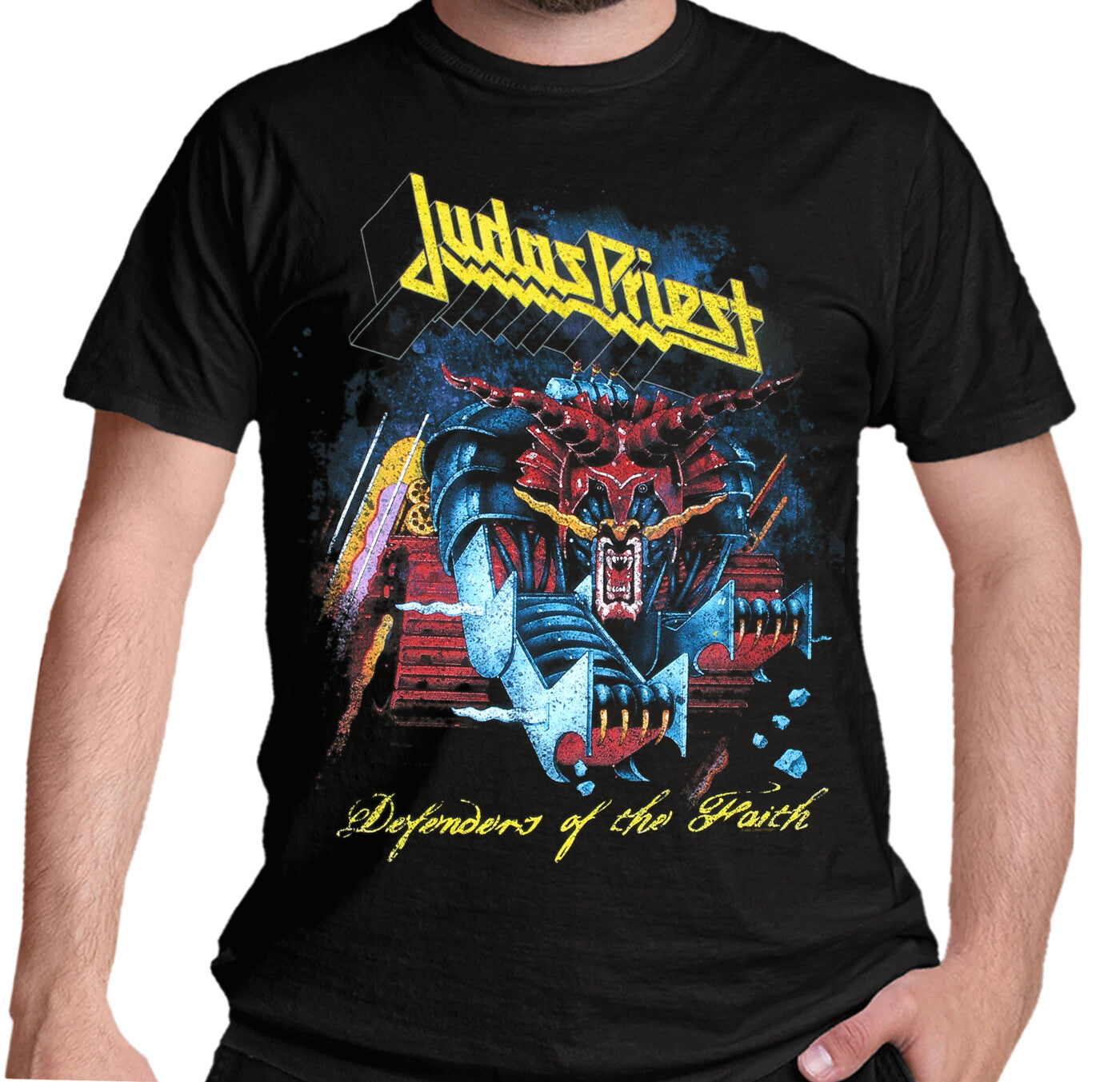 judas priest defenders of the face officially licensd graphic on a black t shirt 