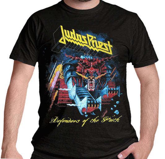 judas priest defenders of the face officially licensd graphic on a black t shirt 